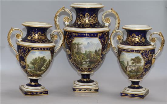 A garniture of three early 19th century Derby vases, tallest 29cm
